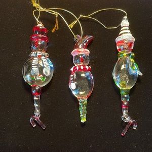 3 glass Snowmen Christmas ornaments with dangling candy canes